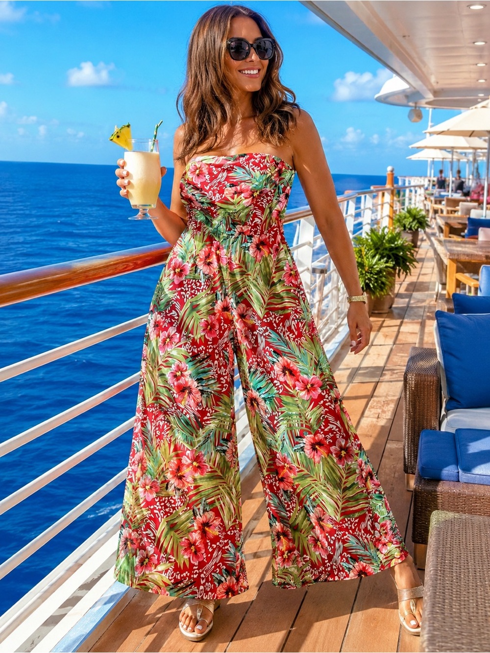 JL Tropical Floral Strapless Jumpsuit Wide Leg Resort Cruise wear Made in Canada
